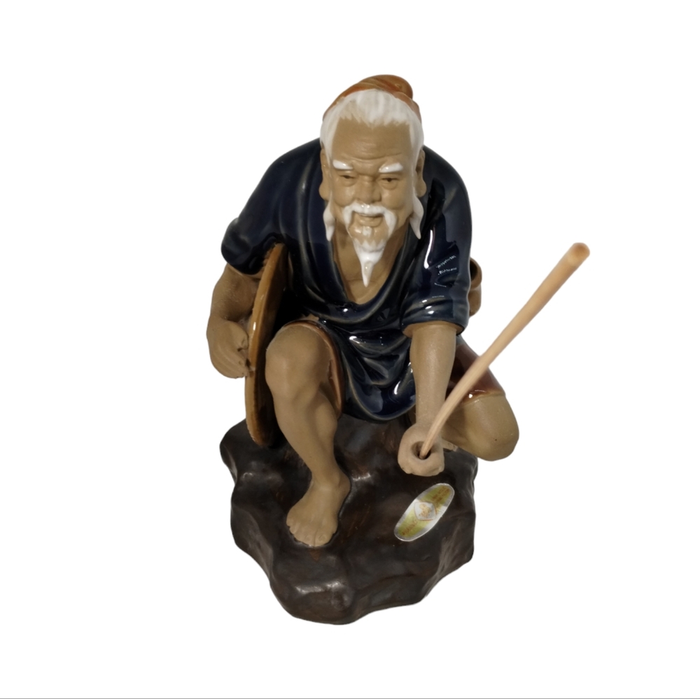 Shiwan Chinese Mudman Figurine Vintage VTG Fishing Fisherman Mud Man 6 1/2" Tall